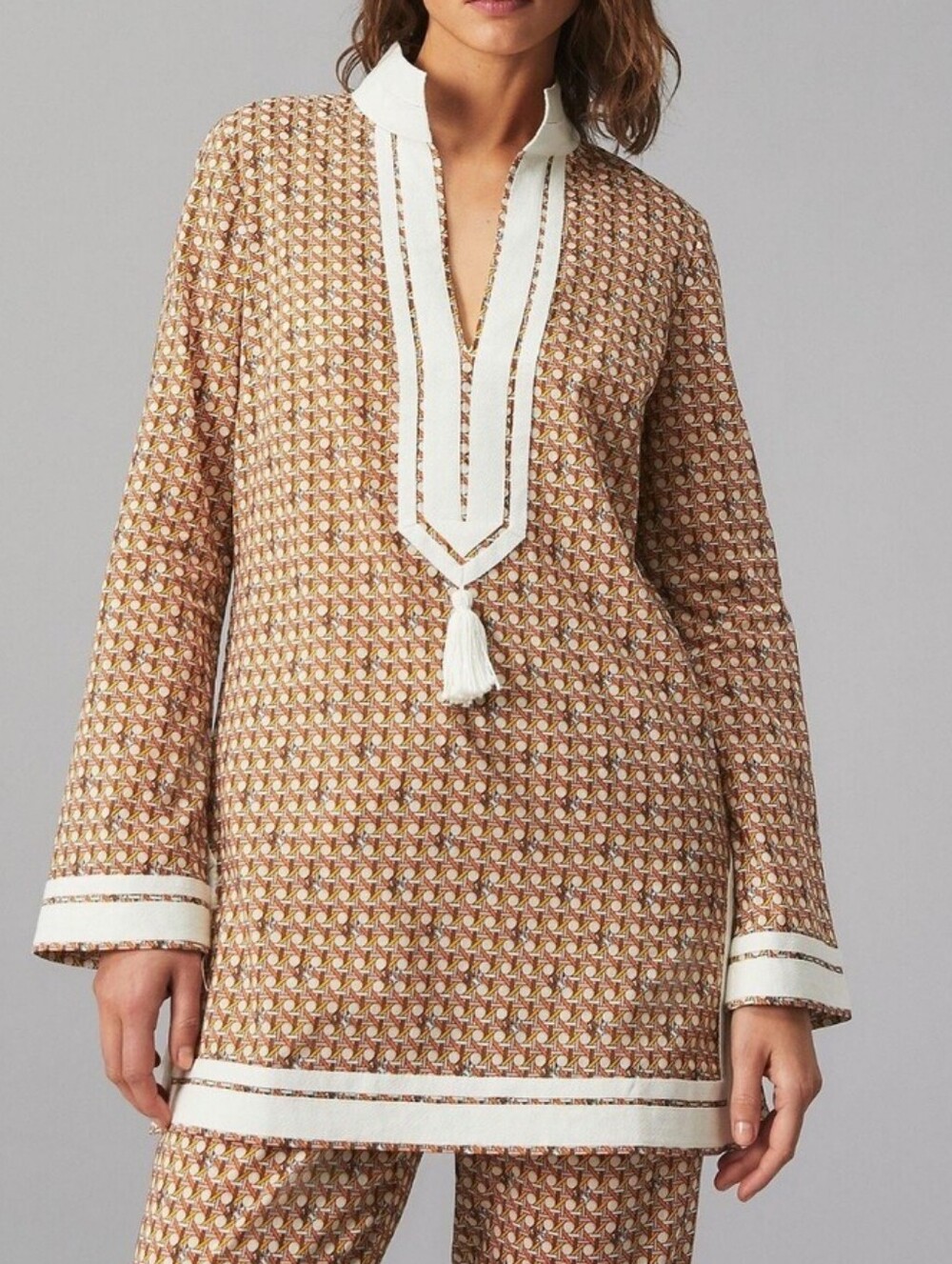 Tory Burch Tunic XS Tassel Caftan Tunic Top in Brown Tile Print